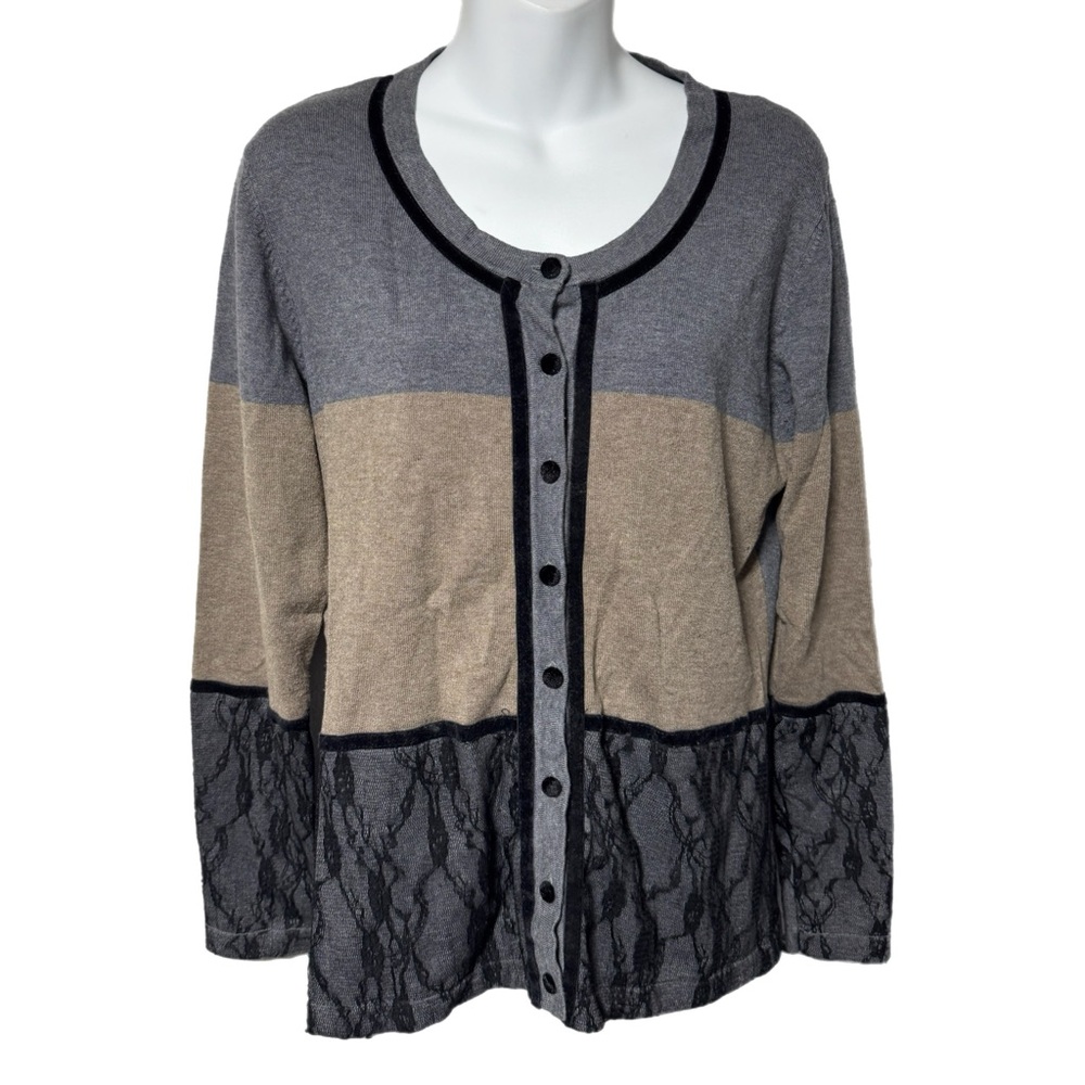 Alexis Wool Blend Neutral Gray Beige Black Cardigan Sweater L Velvet Lace Knit